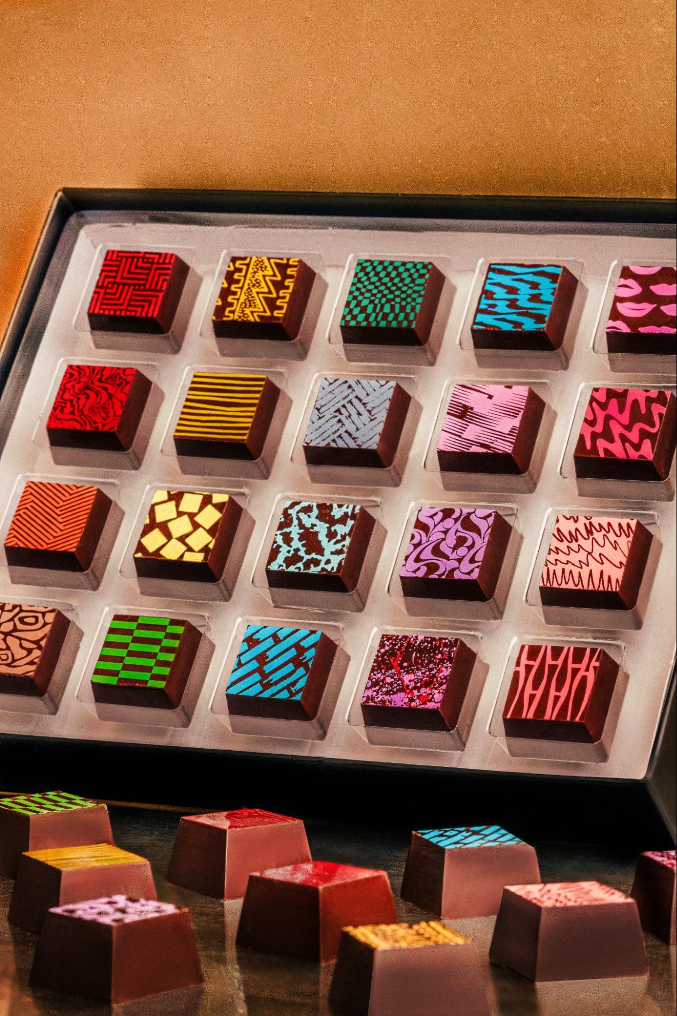 Luxury vegan chocolate box featuring dairy-free dark chocolate flavors