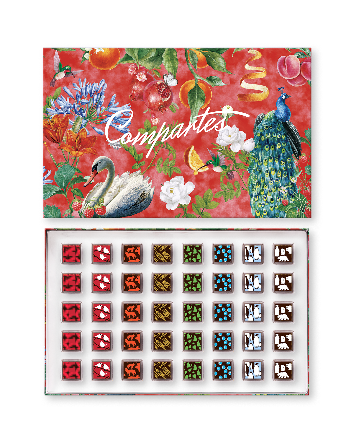 Compartes luxury chocolate gift box, red lid with a swan and peacock, designer patterned chocolates inside