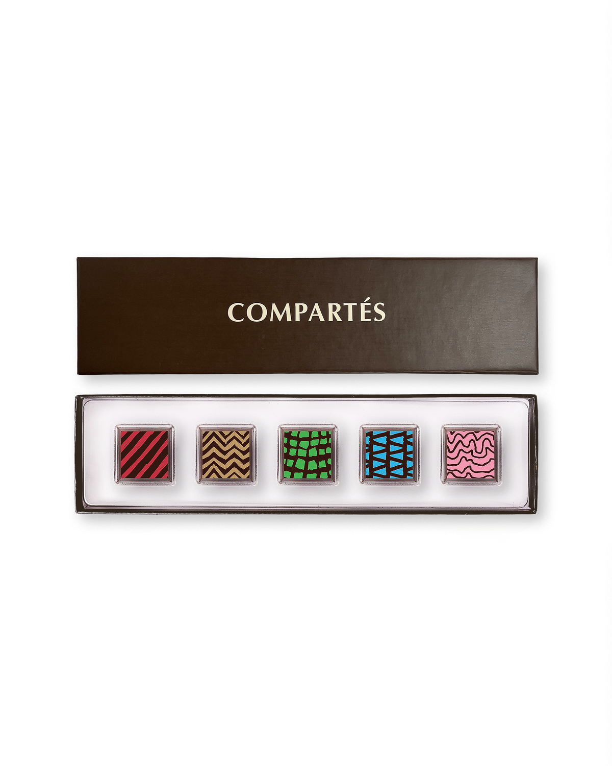 Compartes gourmet small chocolate truffles gift box, squares in rich red, green and pink patterns