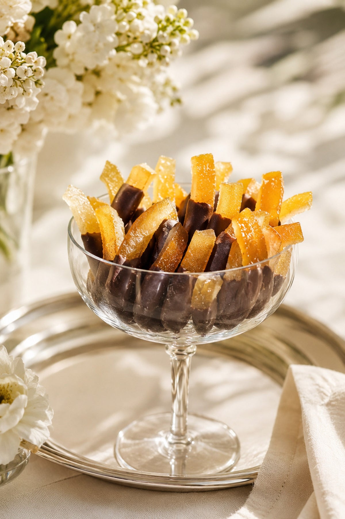 Gourmet Chocolate Covered Orange Rinds and Orange Peels by Compartes Chocolatier Los Angeles in a glass dish.