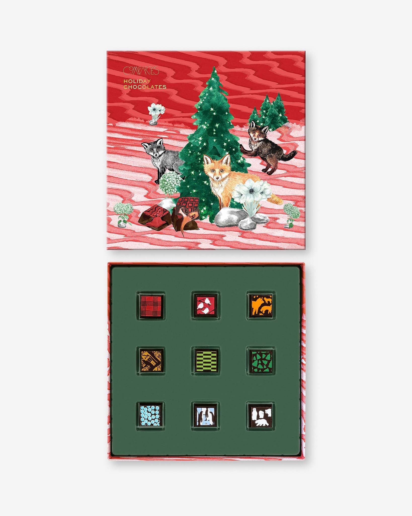 Compartés' chocolate Christmas candy gift box, showing the contents and top cover of the box