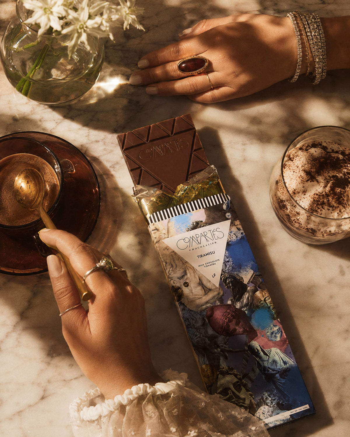 Fancy Chocolate Bar by Compartes Los Angeles with tiramisu infused into gourmet milk chocolate. Luxury chocolate gift box with designer chocolate inside.