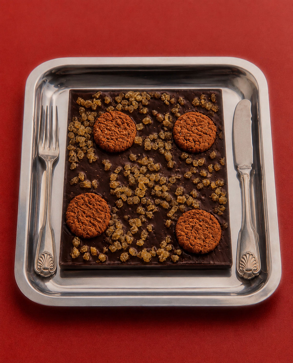 Christmas Chocolate Gingerbread Bark with Gingerbread cookies studded on vegan dark chocolate on a silver plate by Compartes Chocolatier Los Angeles.