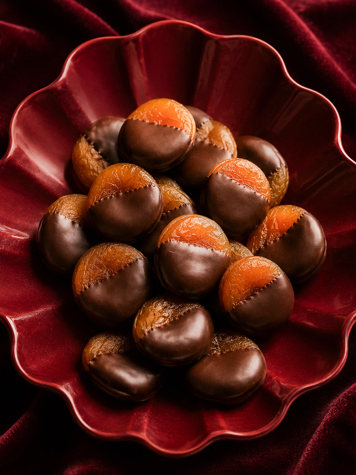 Gourmet Vegan Dark Chocolate Apricots handmade chocolate dipped apricots by Compartes Los Angeles.
