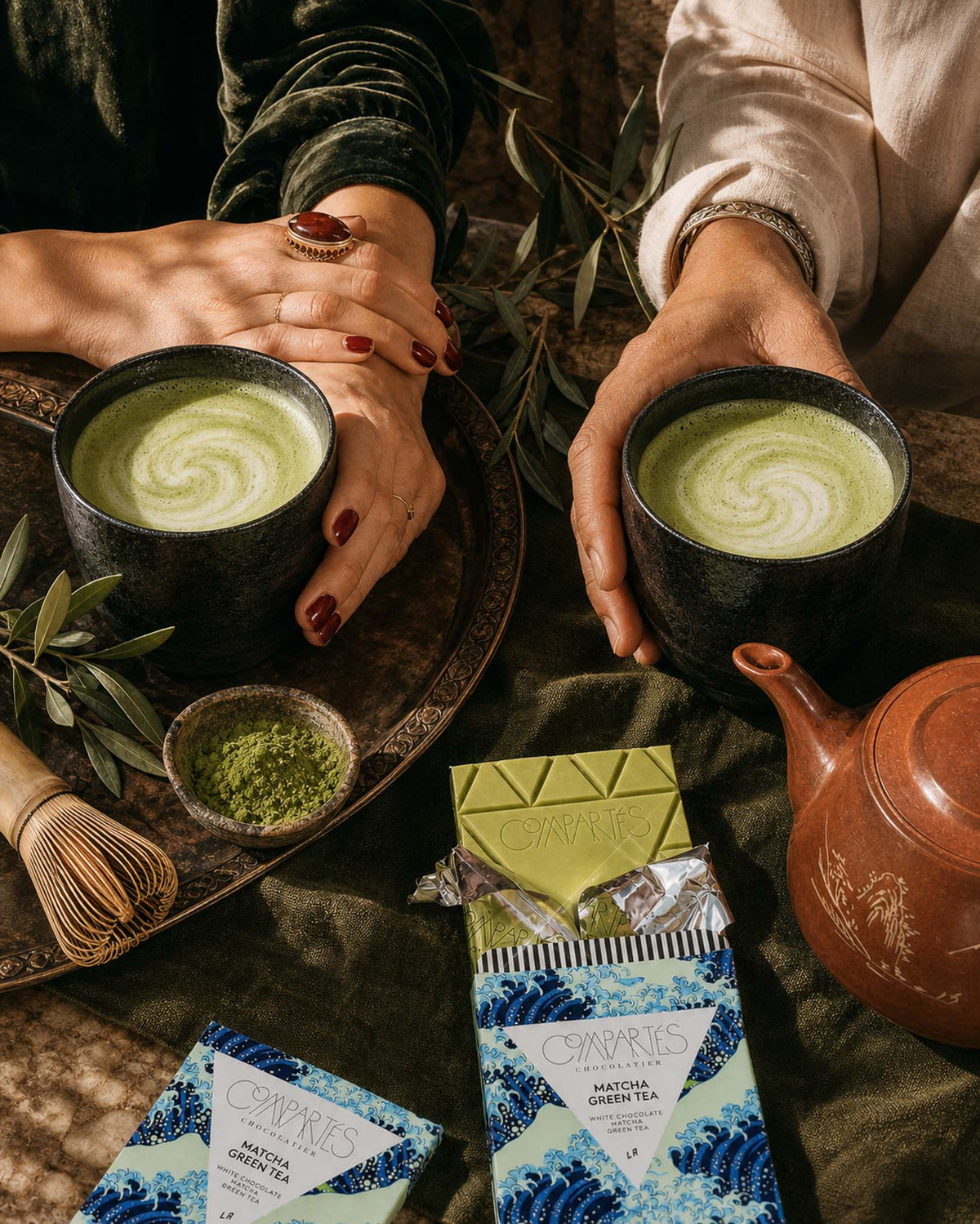 Gourmet Luxury Matcha Chocolate Bar by Compartes shows premium matcha chocolates being enjoyed with luxury matcha tea lattes.