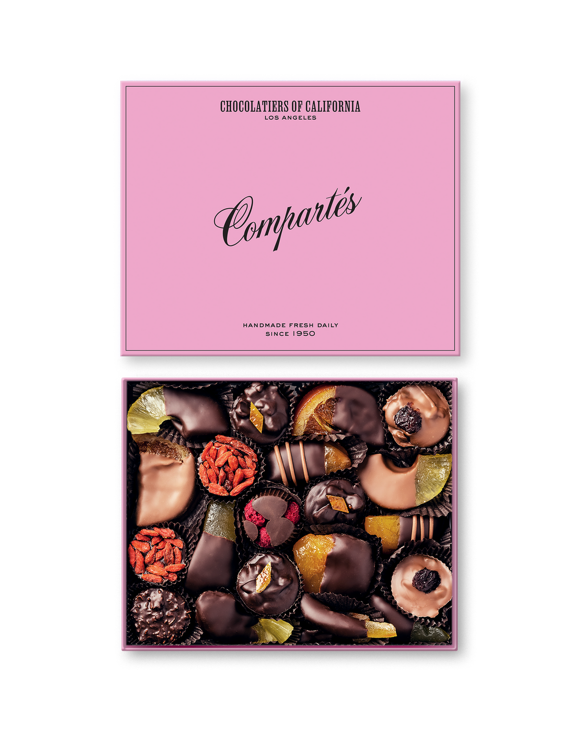 Compartes best chocolate covered fruits gift box, dipped orange and berries under a pink lid