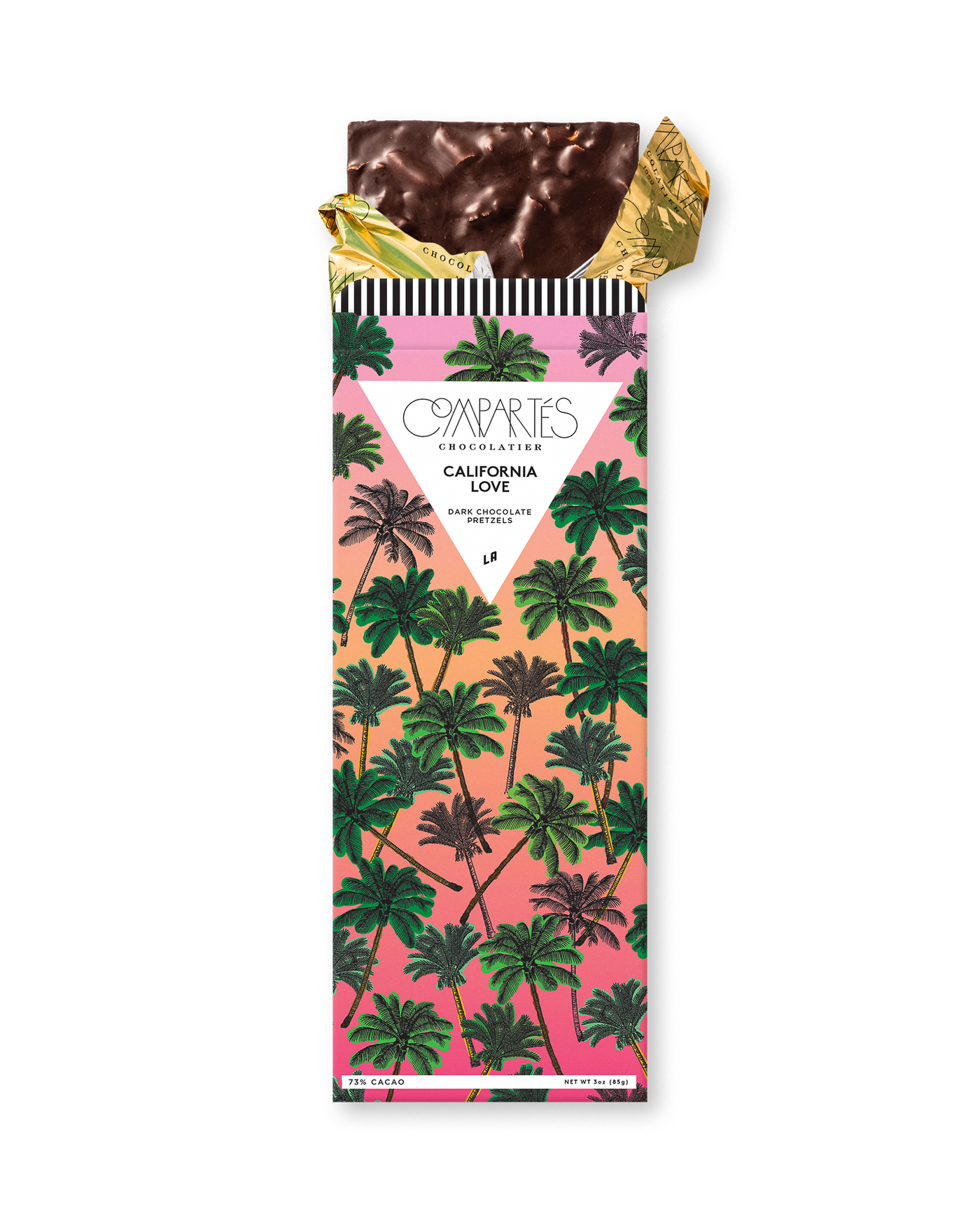 Compartes best chocolate gift bar, dark chocolate pretzel in a pink and green palm tree wrapper, sourdough and sea salt