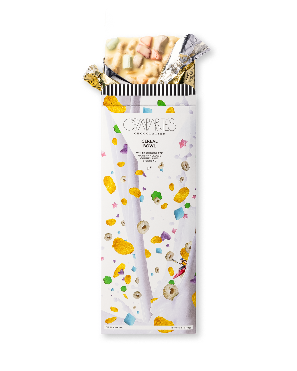 Compartes cereal bowl gourmet chocolate bar gift, white chocolate with marshmallows and cereal in milk art