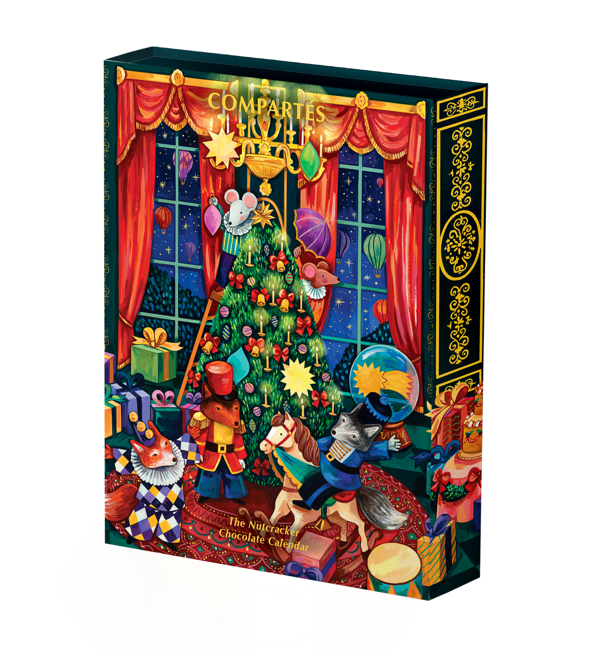 Compartes luxury chocolate advent calendar with a Nutcracker scene, a Christmas tree, toy soldier and rocking horse