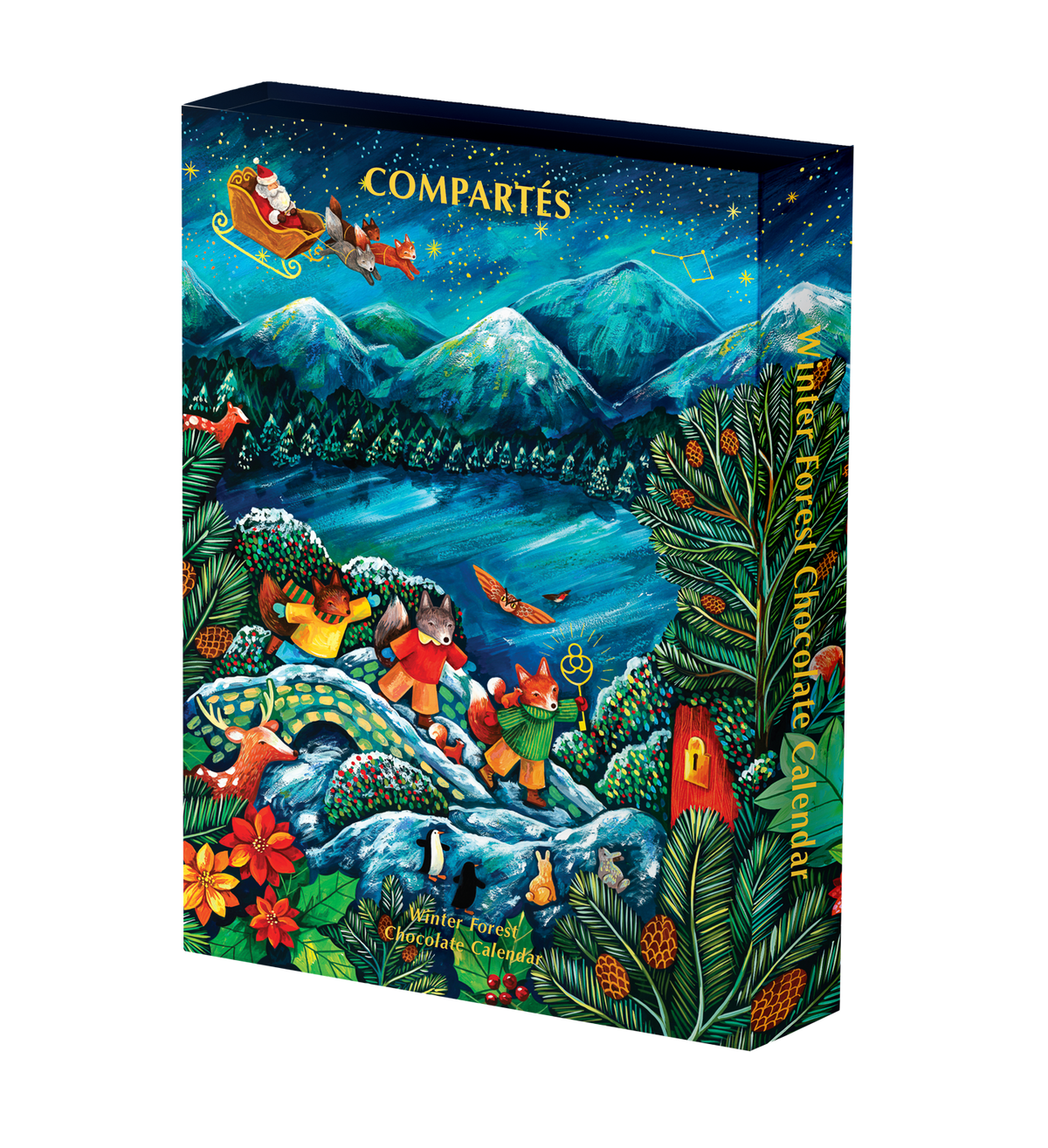 Compartes luxury chocolate advent calendar with a winter forest scene, a sleigh above snowy mountains and a lake