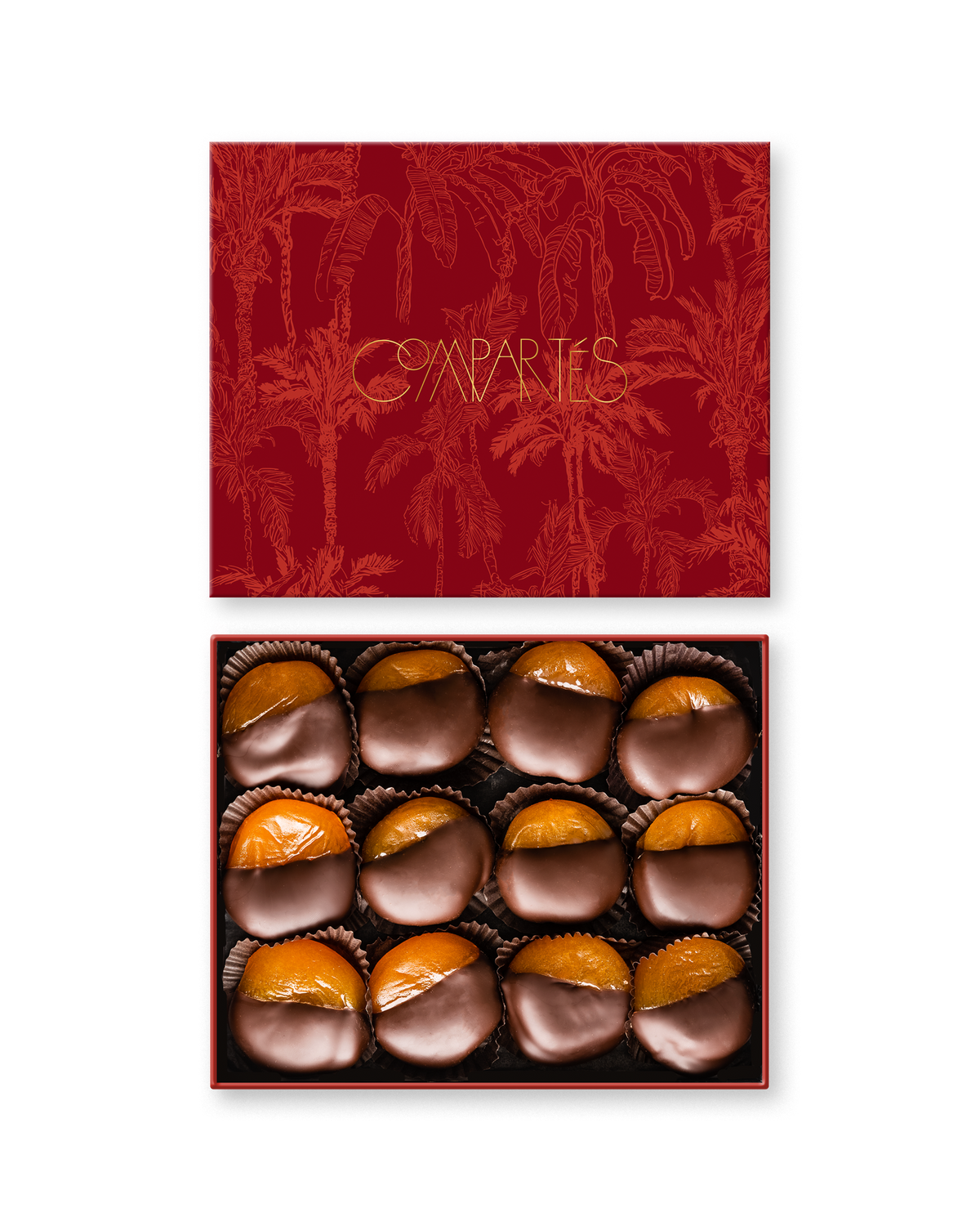 Compartes gourmet dark chocolate covered apricots, deep red palm print gift box, apricots dipped in chocolate