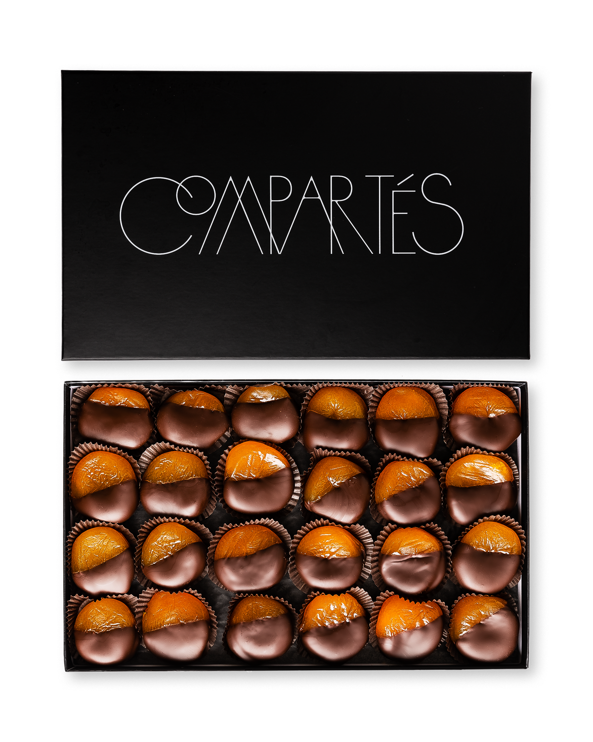 Compartes gourmet dark chocolate covered apricots in a black gift box, whole apricots dipped in chocolate