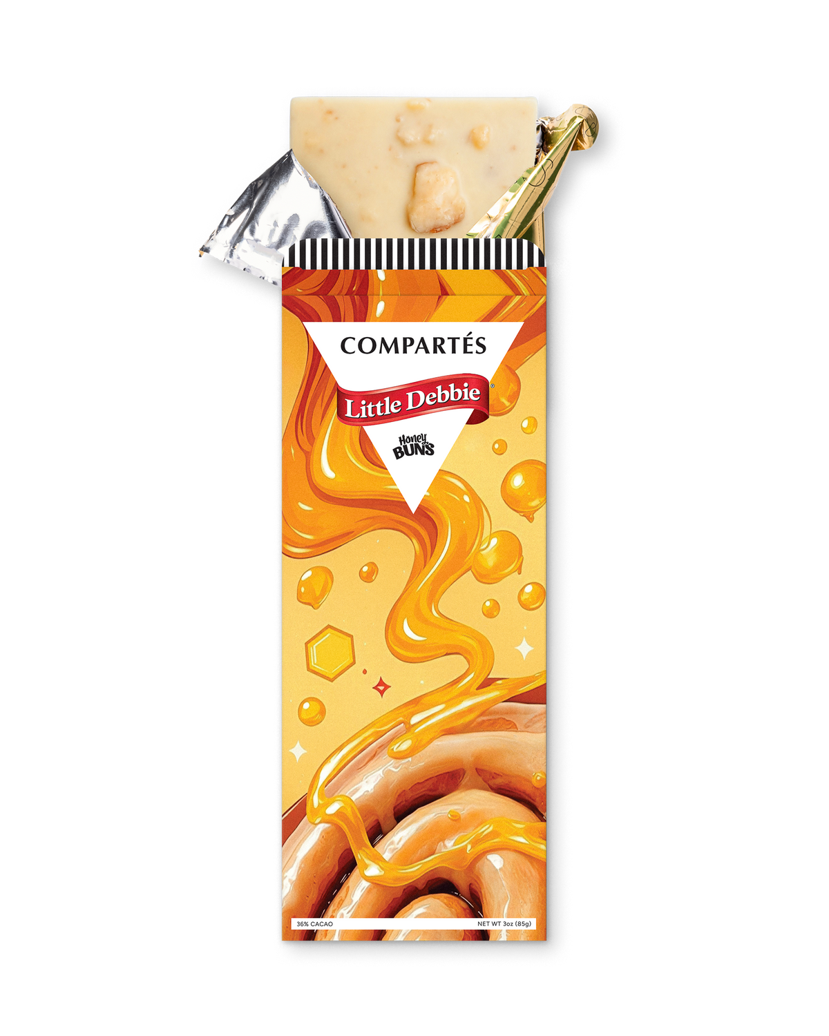 A partially unwrapped Compartés Little Debbie Honey Buns chocolate bar, showing the creamy beige chocolate filling and a gold foil seal, set against a plain white background.