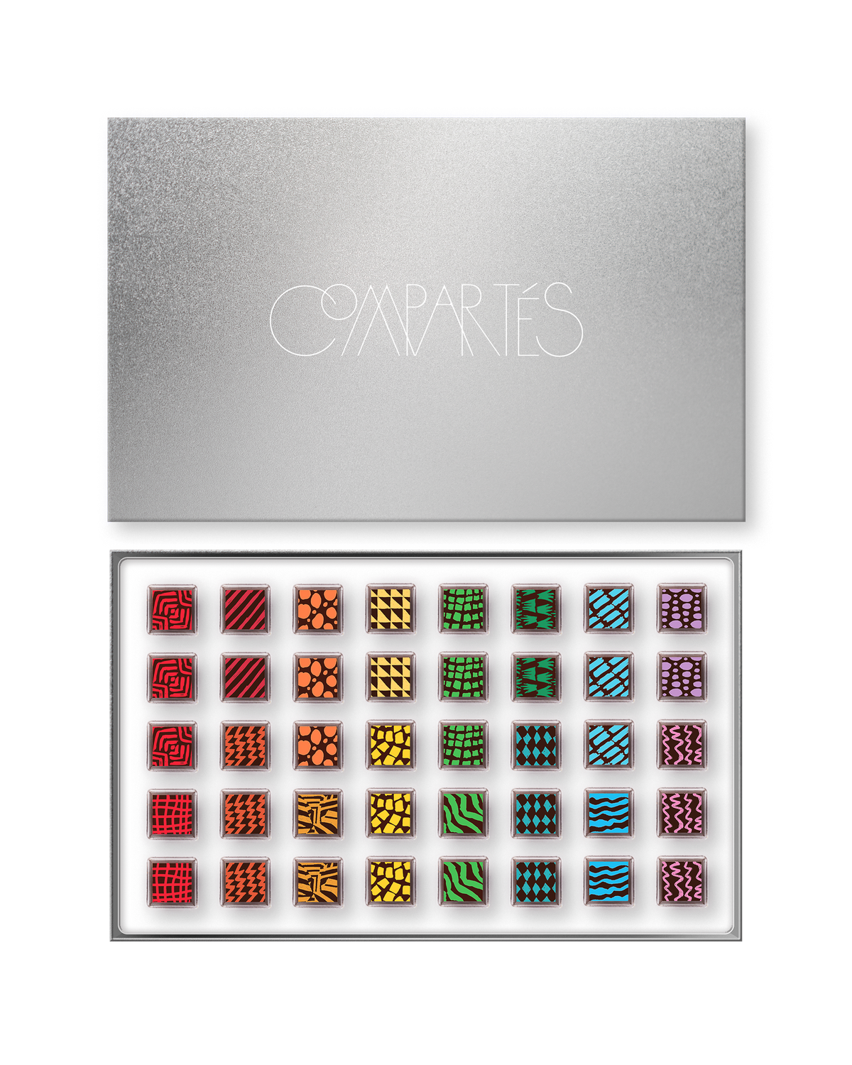 Compartes luxury signature chocolate truffles in a silver gift box, squares in rich red, green and blue patterns