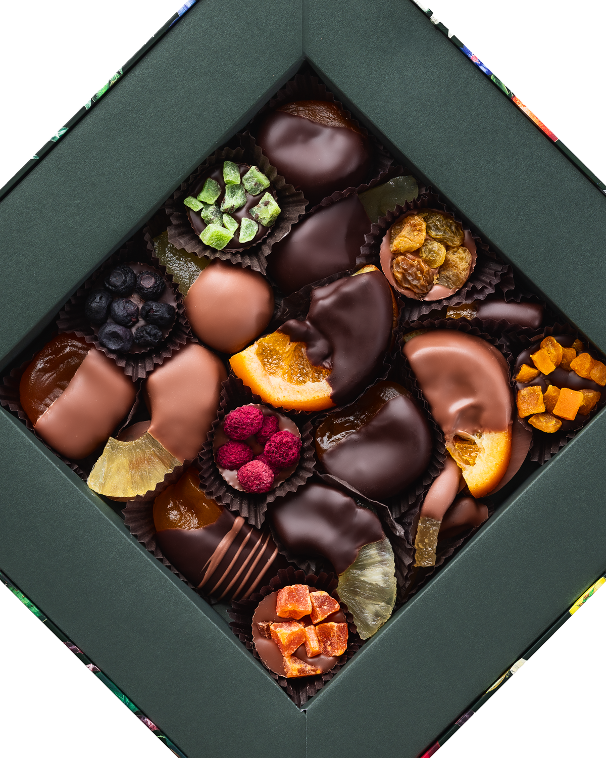 Compartes luxury treasures of the orchard chocolate fruit gift box, dipped orange and apricot, deep green box