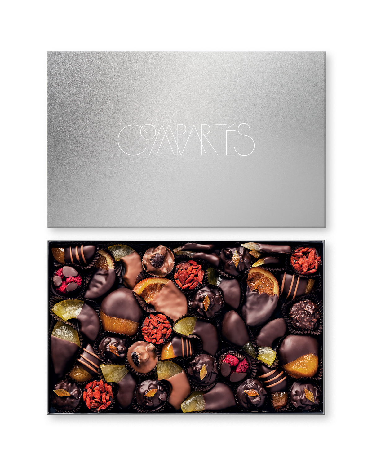 Compartes world's best chocolate dipped fruit gift box, orange, apricot and strawberry under a silver lid