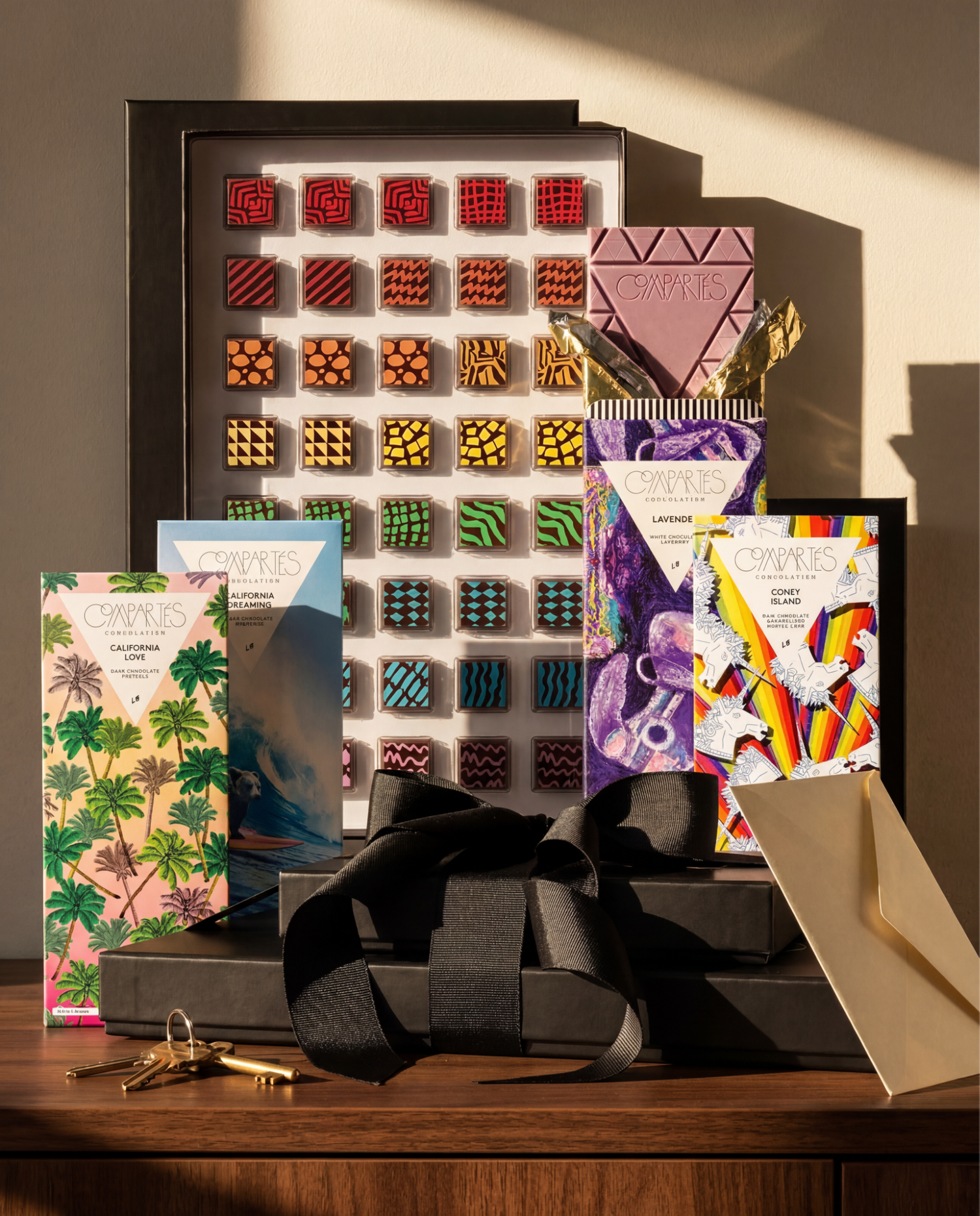 Compartés luxury chocolate gift set featuring a colorful patterned bonbon box and gourmet chocolate bars including California Love, California Dreaming, Lavender, and Coney Island, styled with a black ribbon gift box.