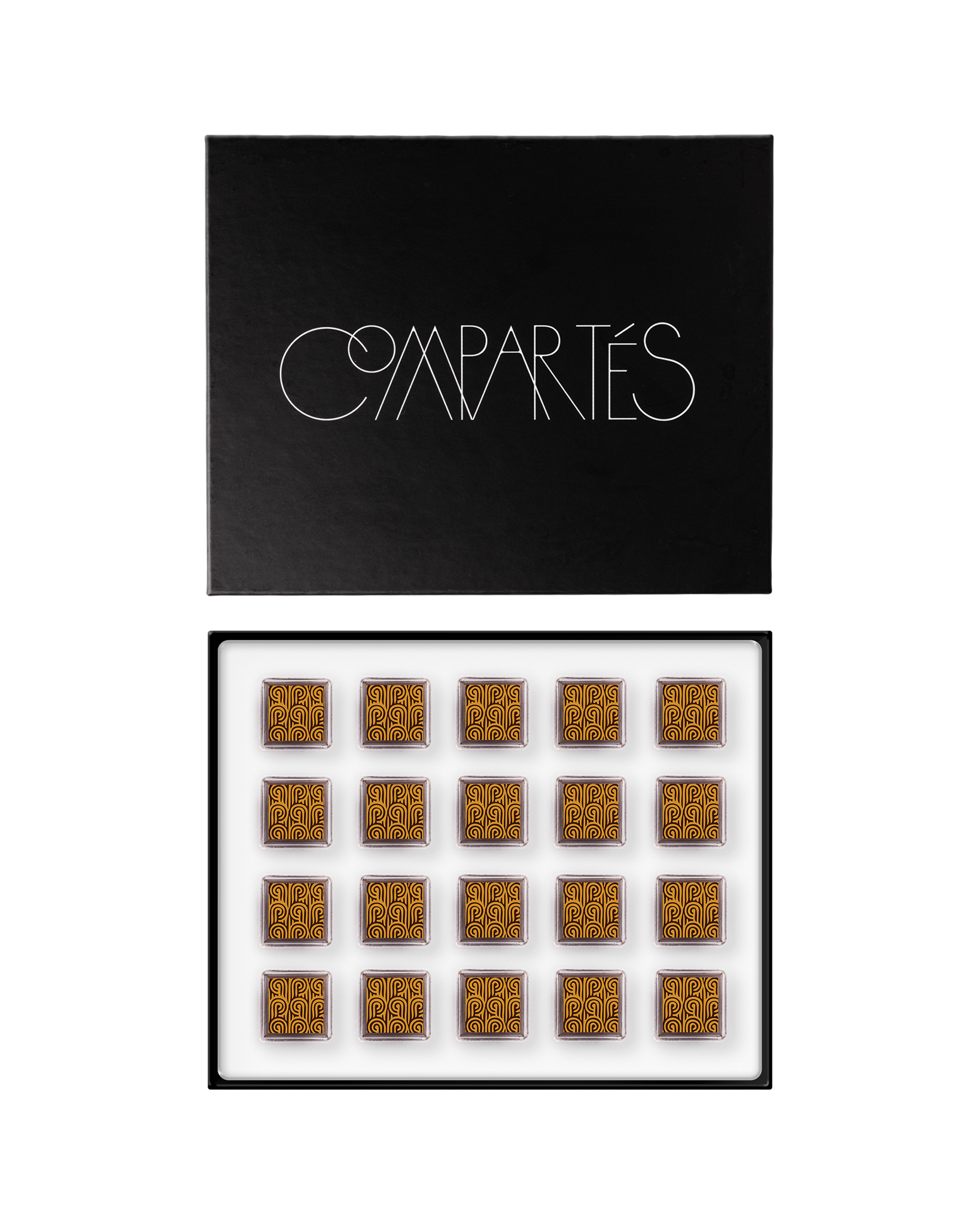 Compartes luxury champagne chocolate truffles in a black gift box, squares in deep gold swirl patterns