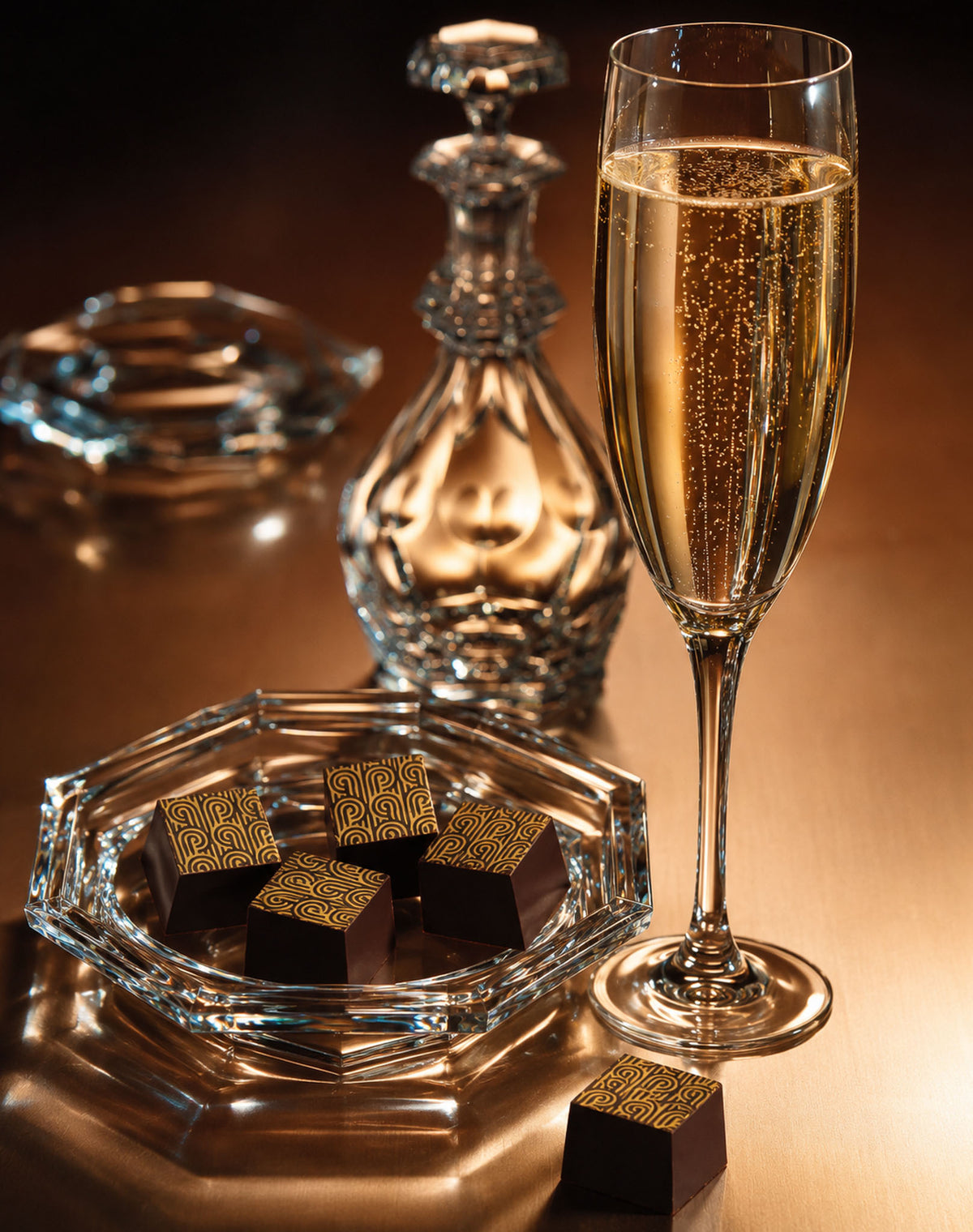 Champagne Chocolate Truffles by Compartes Beverly Hills. Handmade dark chocolates with champagne in a premium luxury gift box, shown on a platter.