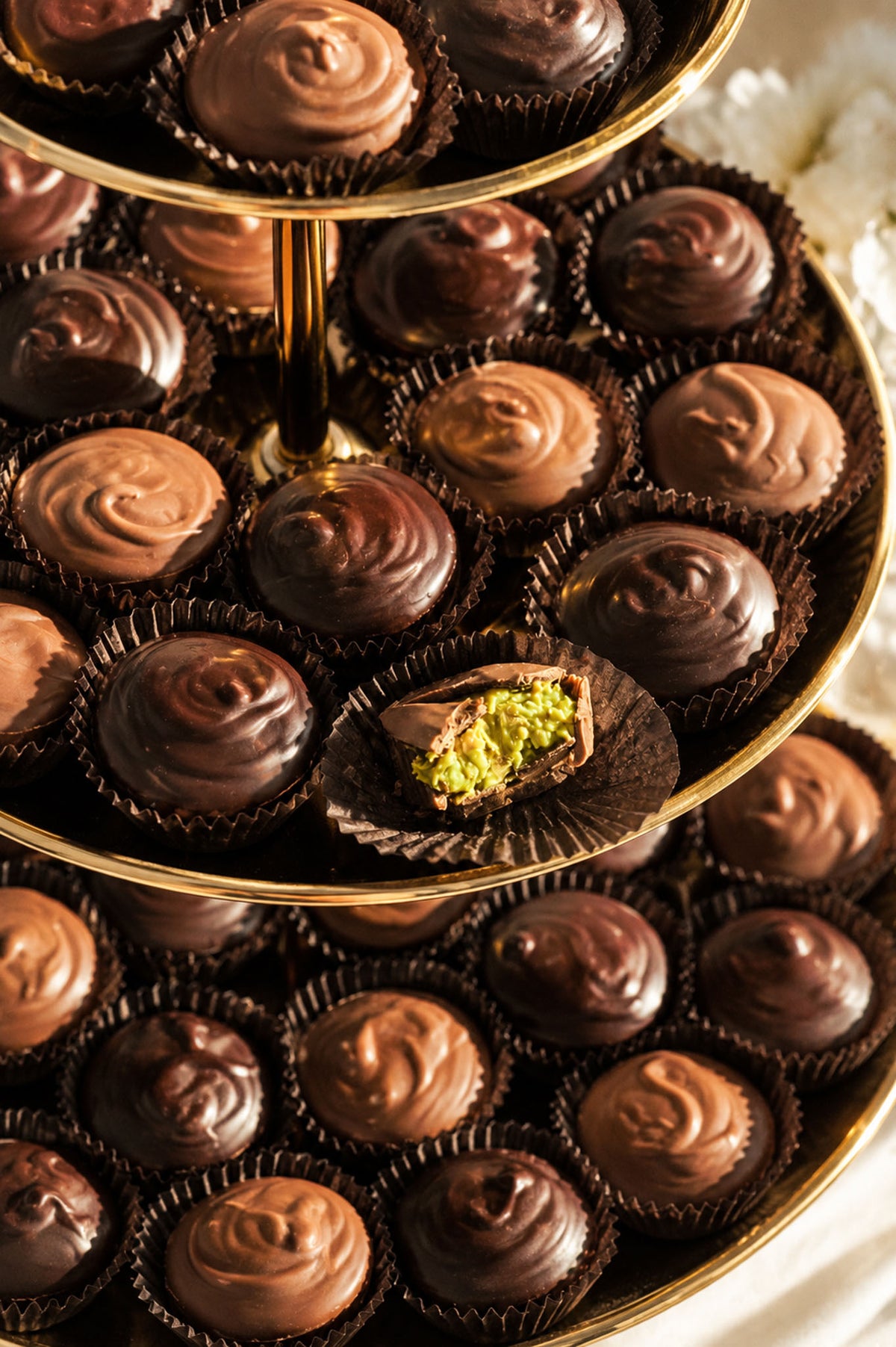 Dubai Chocolate Cups made from Gourmet Dubai Chocolate with Knafeh on a gorgeous platter by Compartes Chocolatier Los Angeles.
