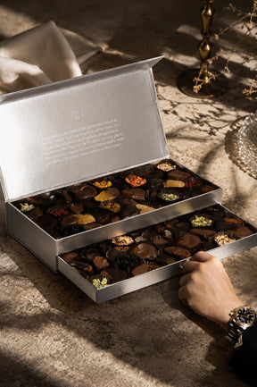 A luxury chocolate gift box filled with assorted gourmet chocolates and chocolate dipped fruits. Mixed premium dark and milk chocolate covered items in a designer silver gift box.