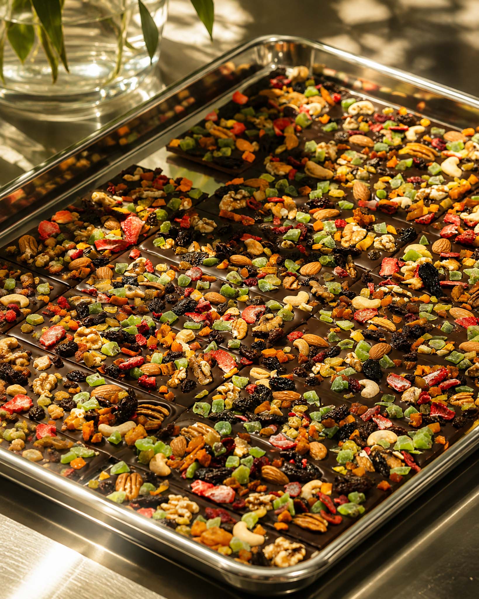 Gourmet Vegan Dark Chocolate Bars studded with fruits and nuts. Handmade by Compartes Chocolates in Los Angeles on a fancy chocolate tray.