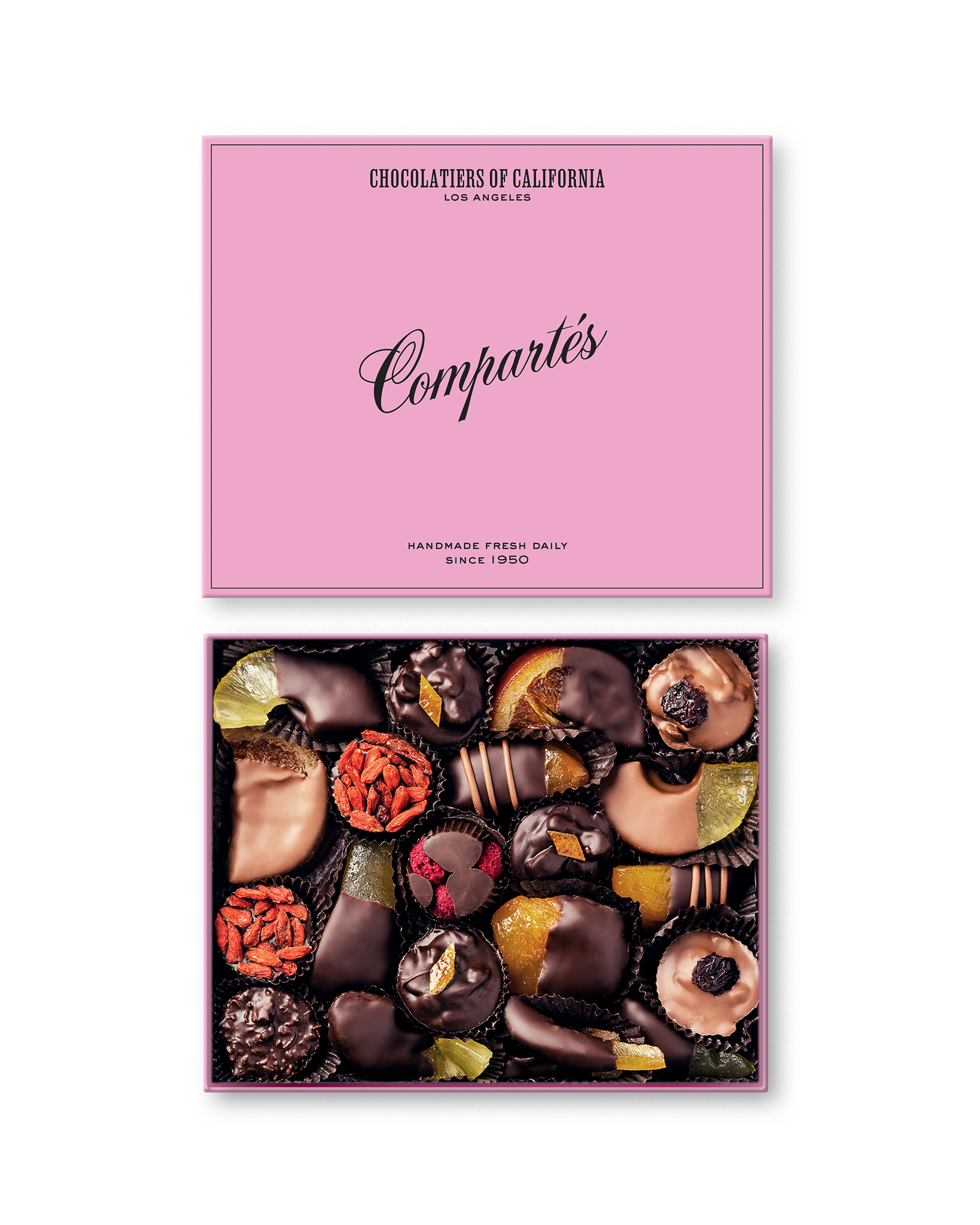 Compartes best chocolate covered fruits gift box, dipped orange and berries under a pink lid