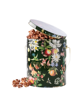 Compartes best chocolate covered popcorn gift, milk chocolate popcorn in a deep green botanical tin