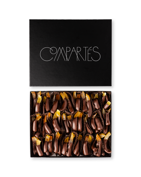 Compartes best chocolate gift box, dark chocolate dipped orange peels with candied peel in a black box