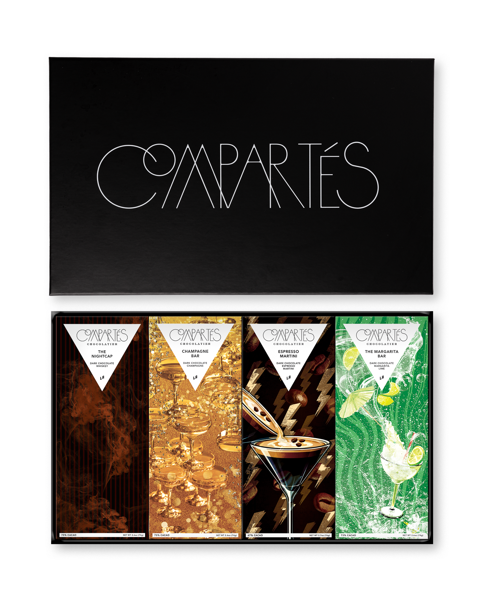 Compartes luxury boozy chocolate gift box, dark chocolate bars in espresso martini, champagne and margarita