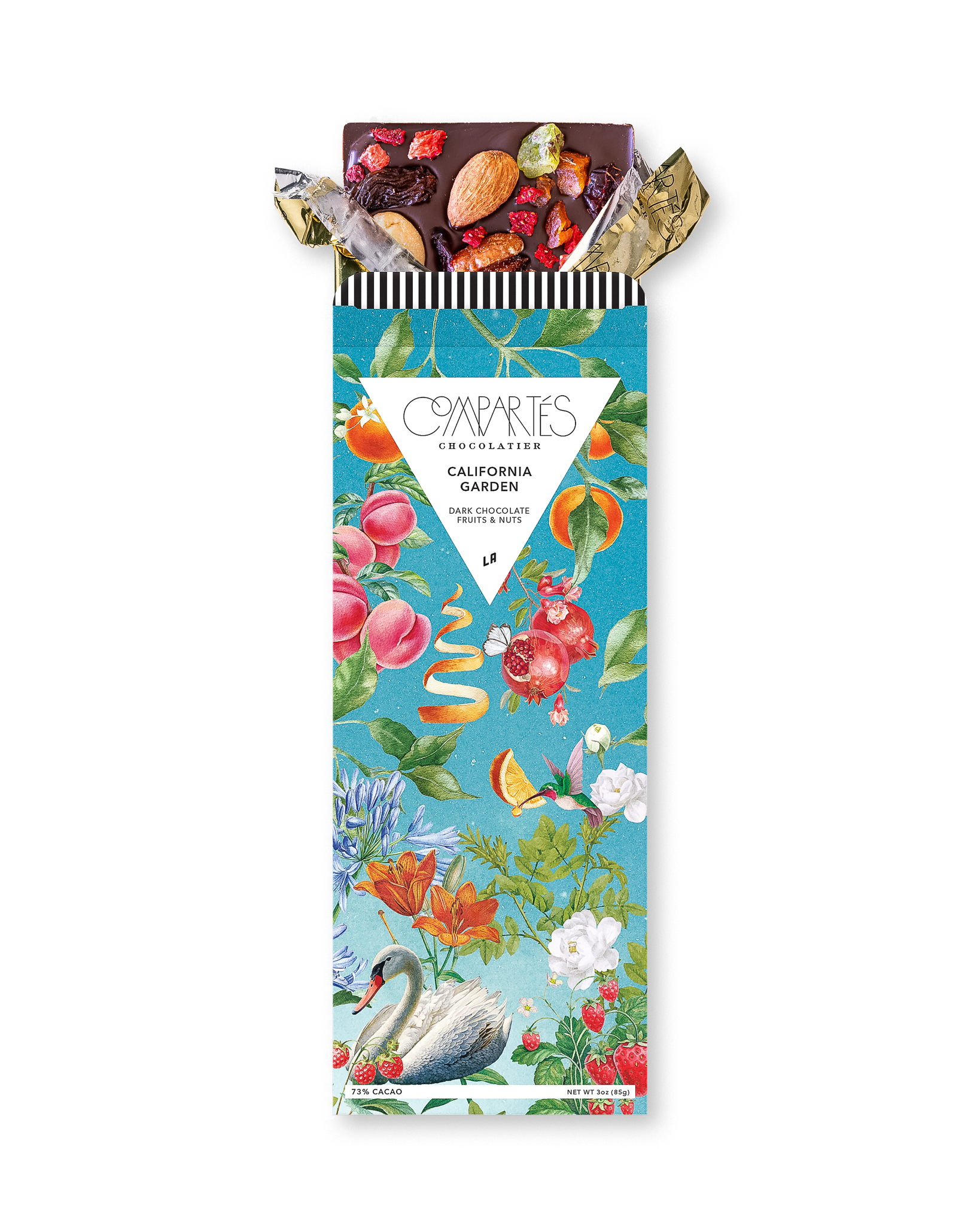 Compartes best chocolate gift bar, dark chocolate with fruit and nuts in a blue garden wrapper, dried fruit
