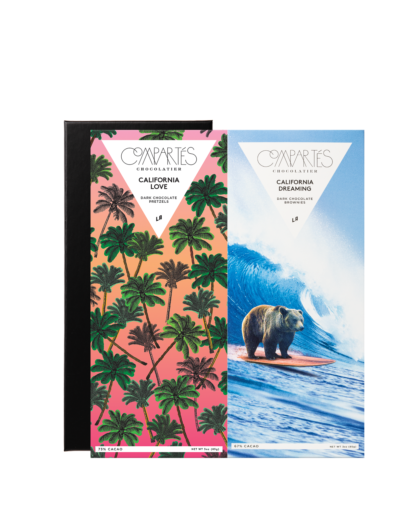 Compartes best chocolate bar gift set, pink palm tree and surfing bear wrappers in a black box, pretzel and brownie