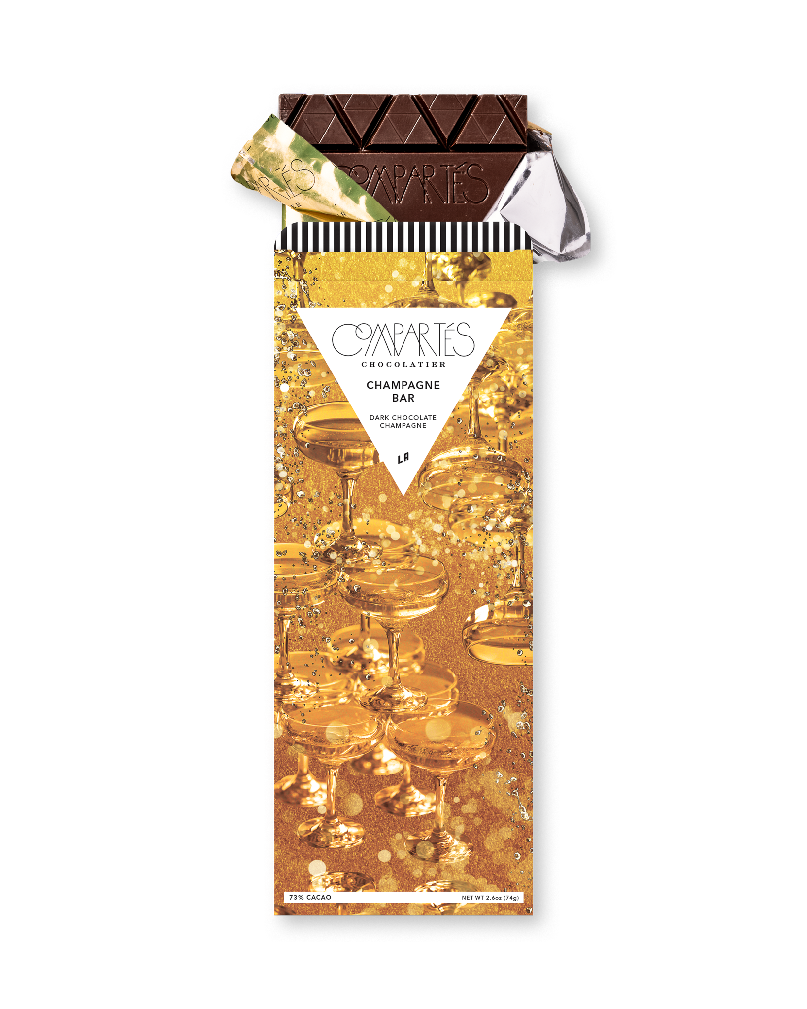 Compartes luxury chocolate gift bar, dark chocolate champagne in a gold coupe tower wrapper