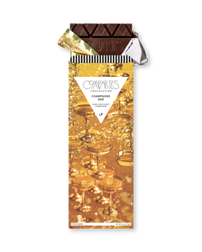 Compartes luxury chocolate gift bar, dark chocolate champagne in a gold coupe tower wrapper