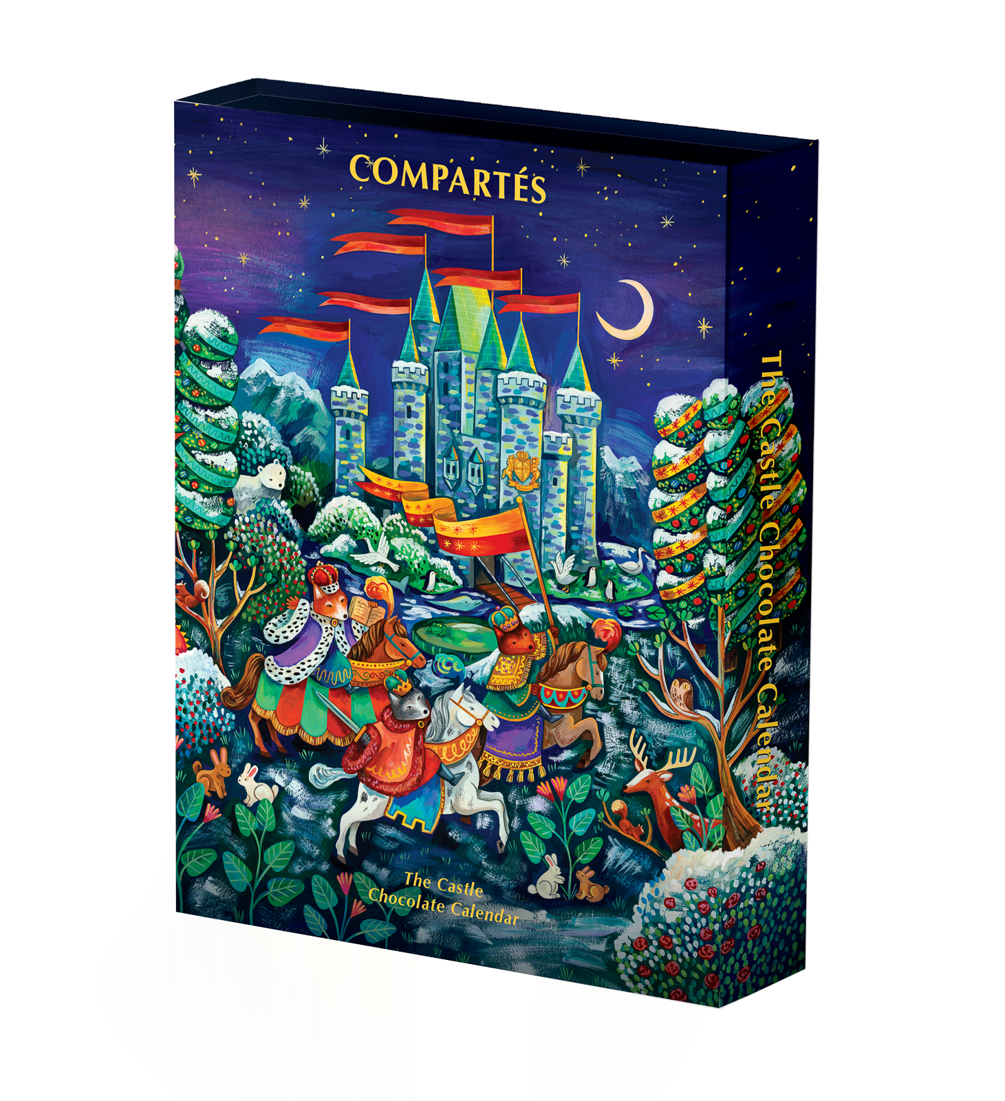 Compartes luxury chocolate advent calendar with an illustrated castle, riders on horseback and snowy pines on navy