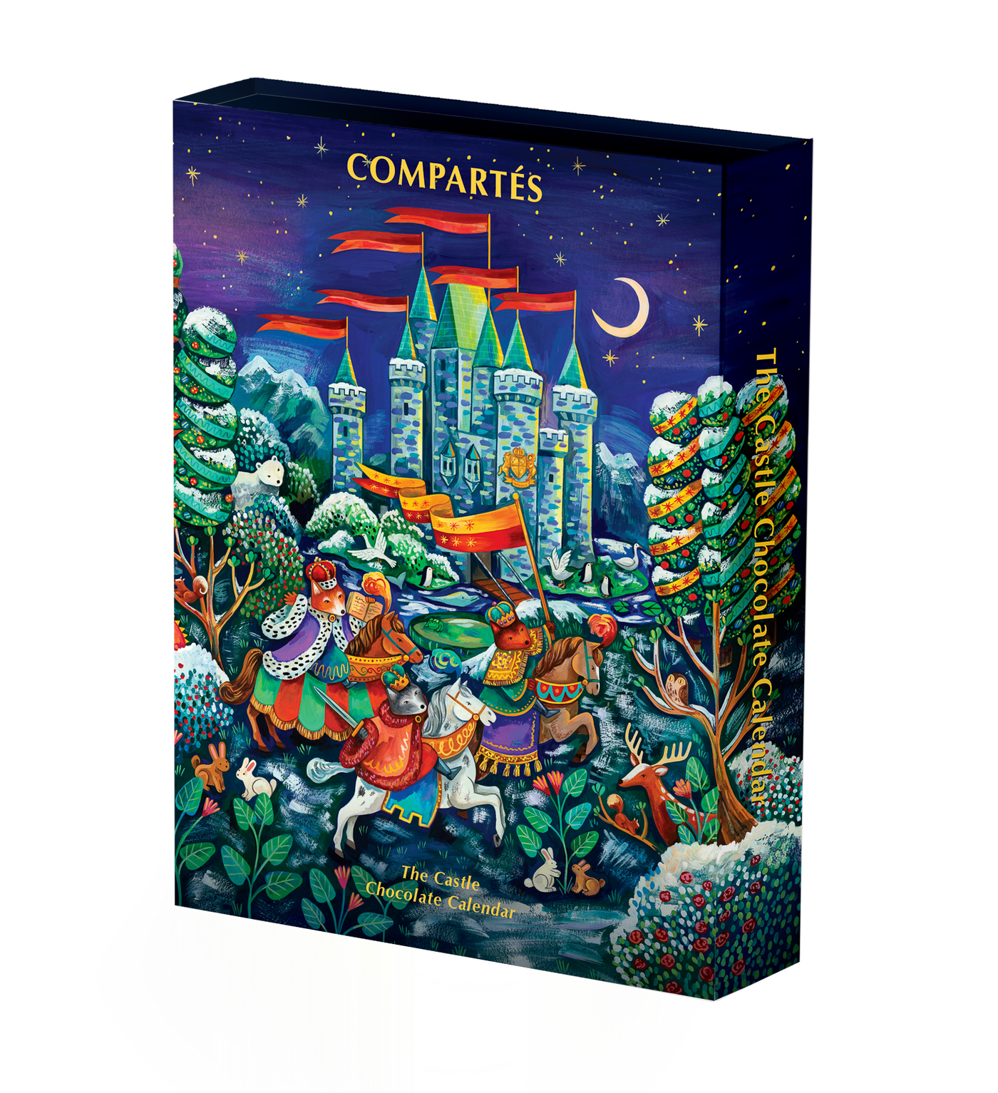 Compartes luxury chocolate advent calendar with an illustrated castle, riders on horseback and snowy pines on navy