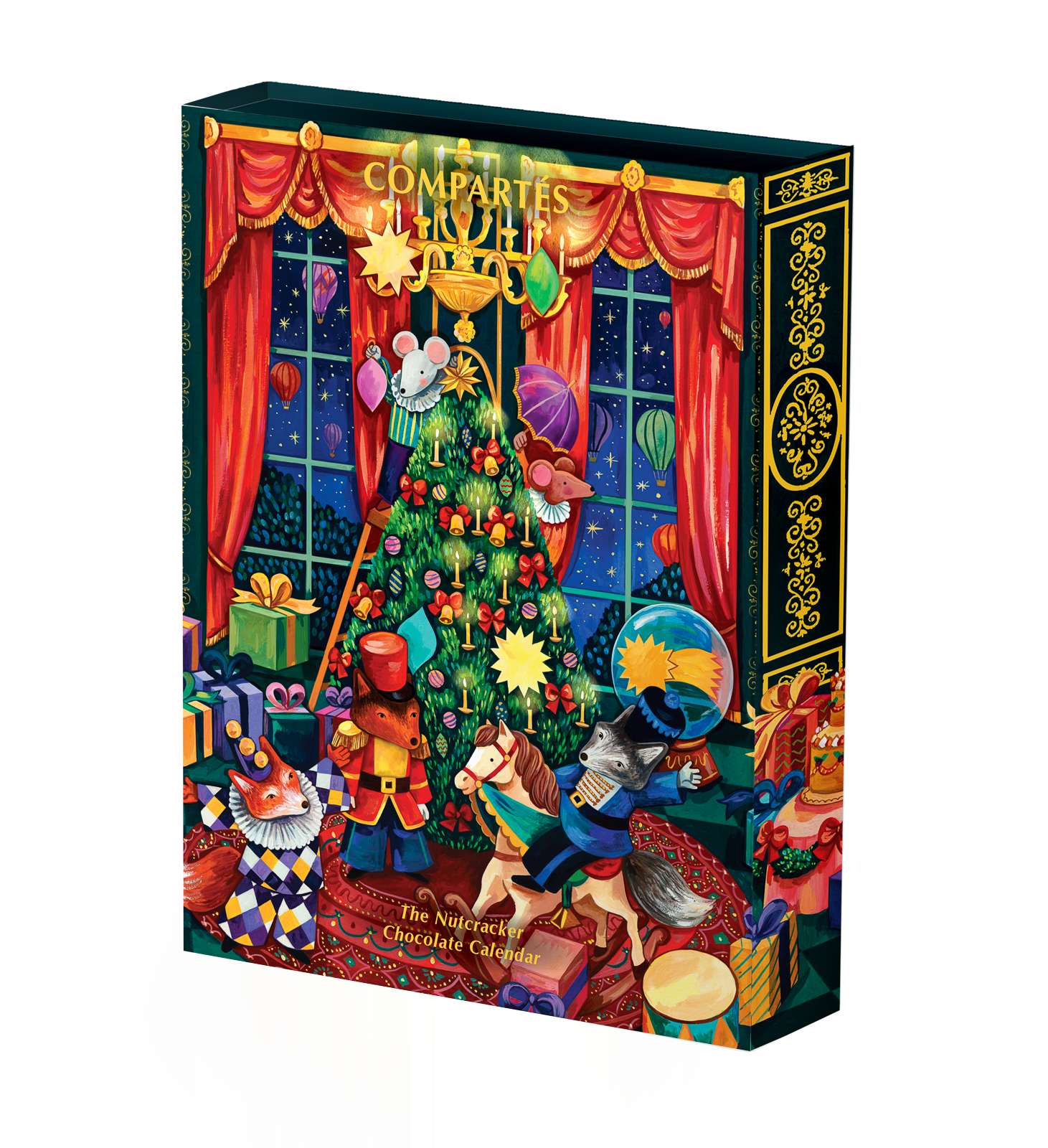 Compartes luxury chocolate advent calendar with a Nutcracker scene, a Christmas tree, toy soldier and rocking horse