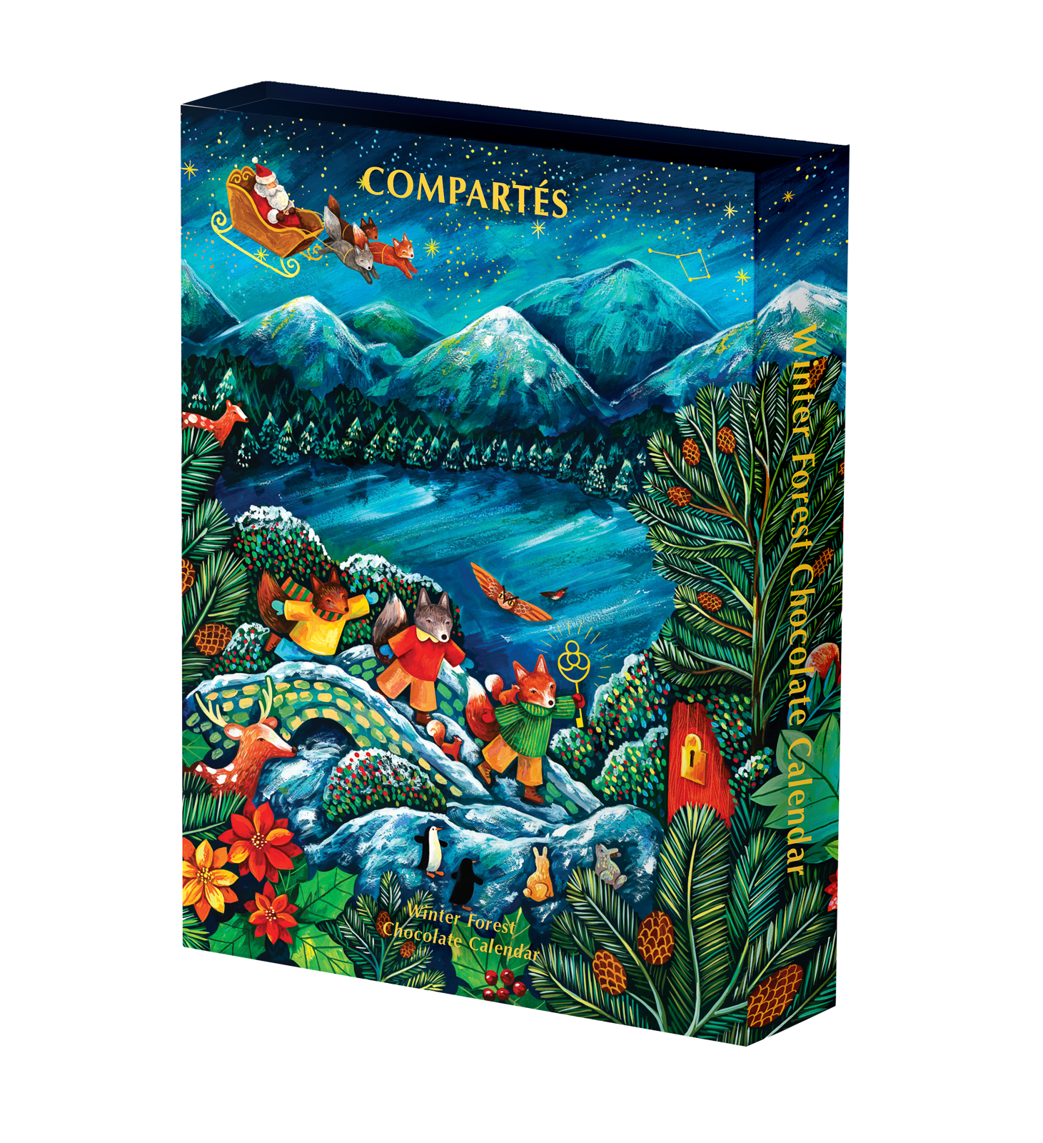 Compartes luxury chocolate advent calendar with a winter forest scene, a sleigh above snowy mountains and a lake