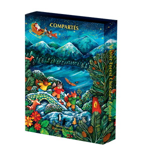 Compartes luxury chocolate advent calendar with a winter forest scene, a sleigh above snowy mountains and a lake
