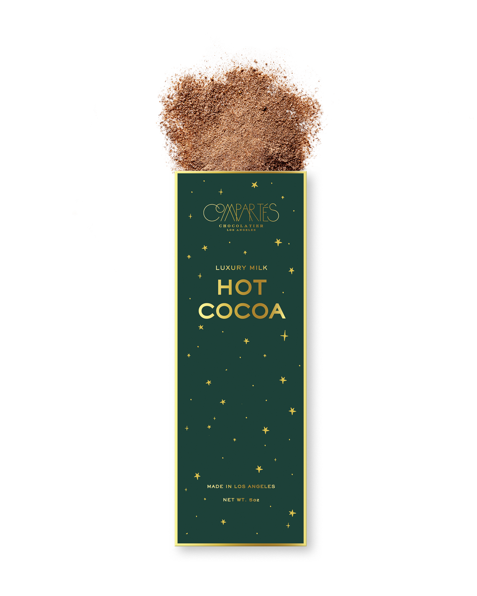 Compartes luxury milk hot cocoa mix, deep green and gold star box with cocoa powder, chocolate gift
