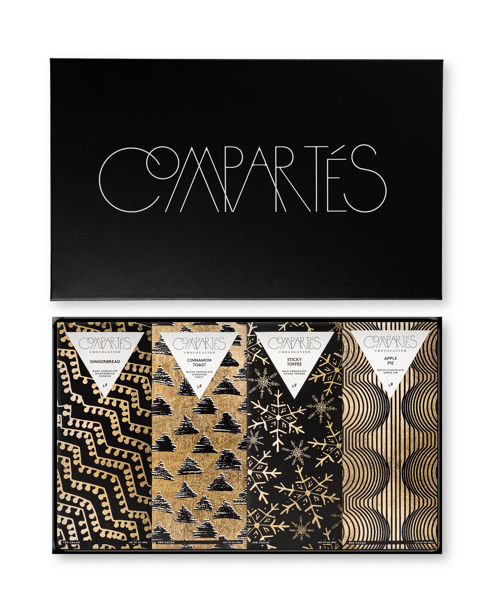 Compartes luxury Christmas chocolate bars gift set, black and gold tree and snowflake wrappers