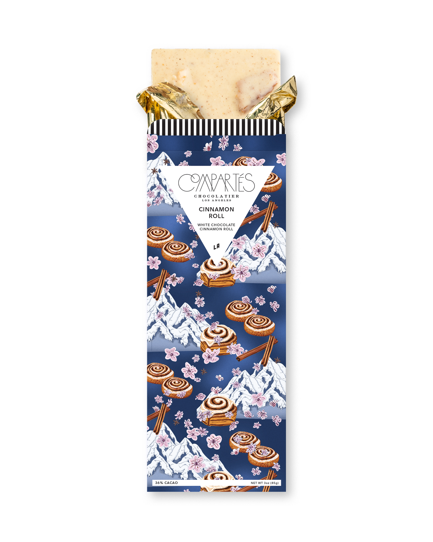 Compartes cinnamon roll gourmet chocolate gift bar, blue mountain and blossom wrapper, white chocolate