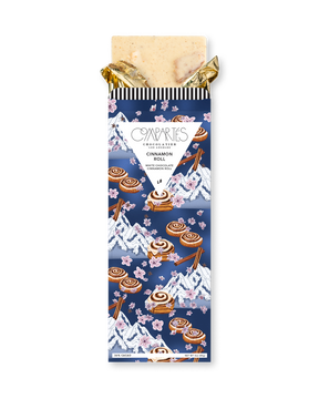 Compartes cinnamon roll gourmet chocolate gift bar, blue mountain and blossom wrapper, white chocolate