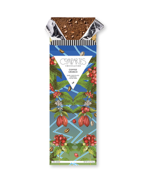 Compartes luxury coffee crunch chocolate gift bar, coffee and cacao wrapper, dark chocolate with nibs