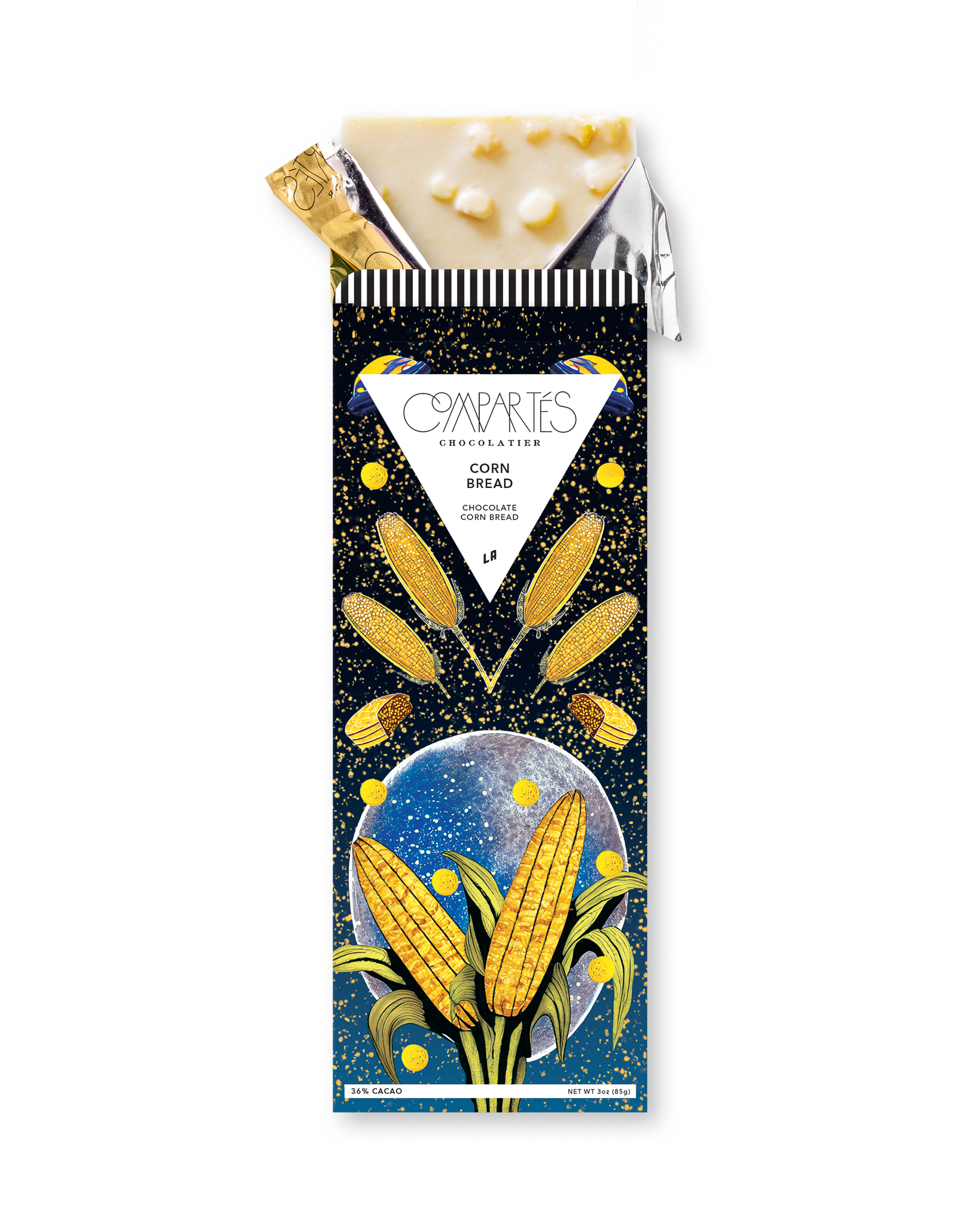 Compartes best chocolate gift bar, white chocolate cornbread in a deep navy and gold corn wrapper, sweetcorn