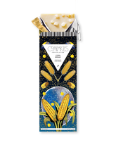 Compartes best chocolate gift bar, white chocolate cornbread in a deep navy and gold corn wrapper, sweetcorn
