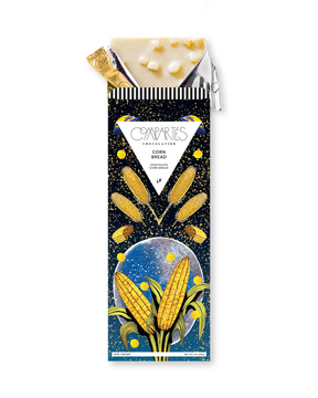 Compartes best chocolate gift bar, white chocolate cornbread in a deep navy and gold corn wrapper, sweetcorn