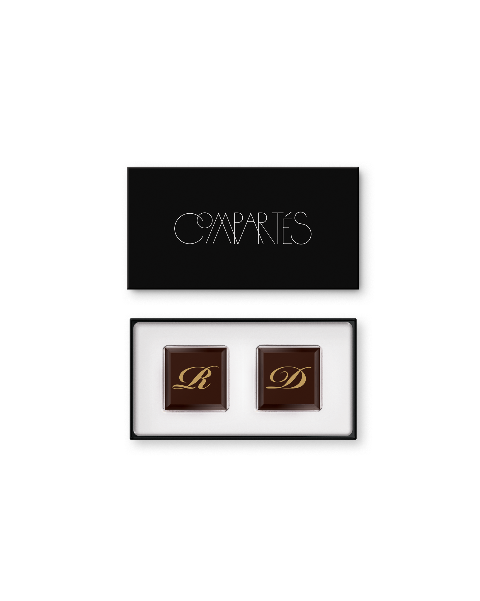 Compartes luxury custom wedding favor, dark chocolate squares with gold monogram letters in a black gift box