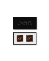 Compartes luxury custom wedding favor, dark chocolate squares with gold monogram letters in a black gift box