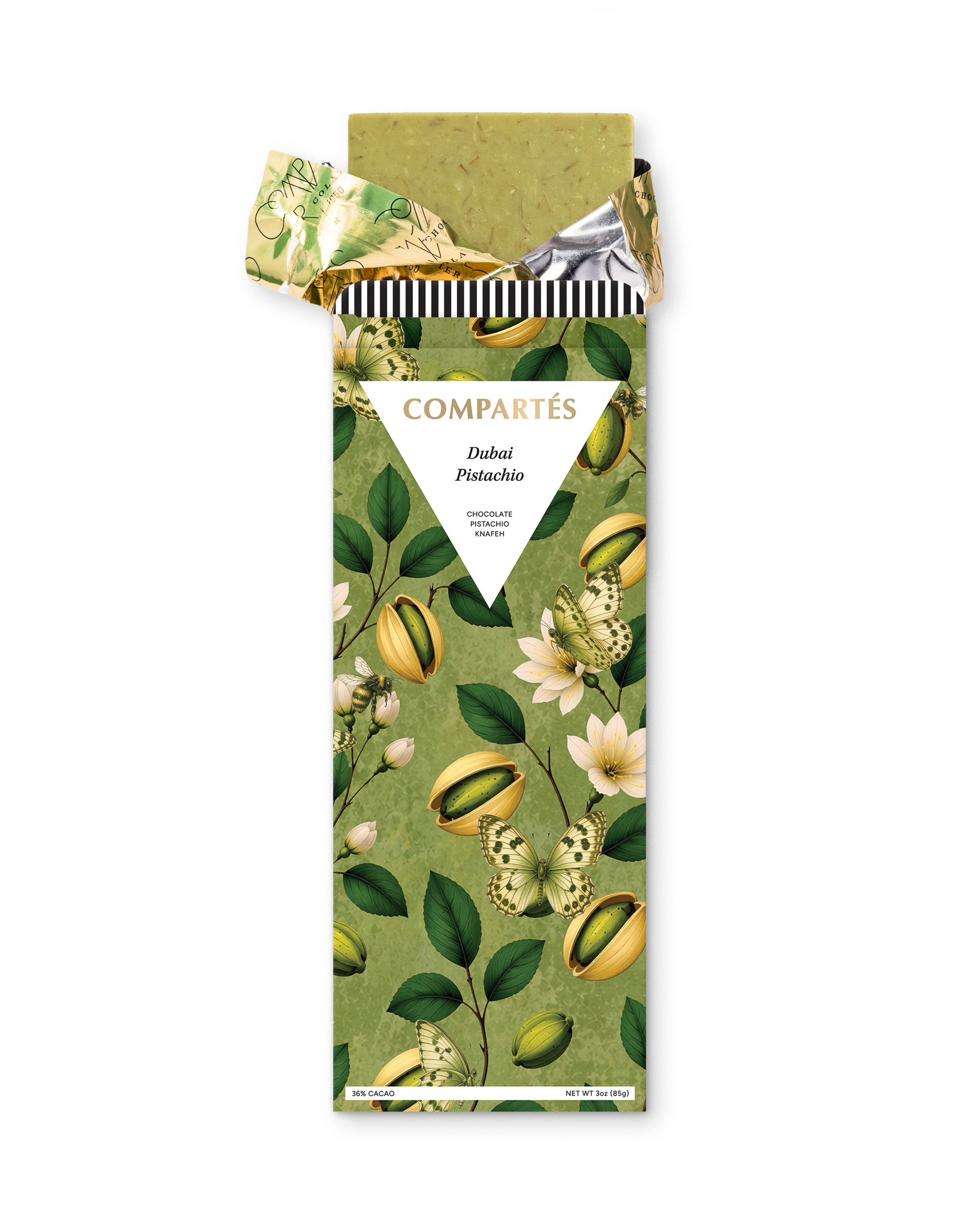 Compartes luxury dubai pistachio knafeh chocolate bar, green botanical wrapper, chocolate gift
